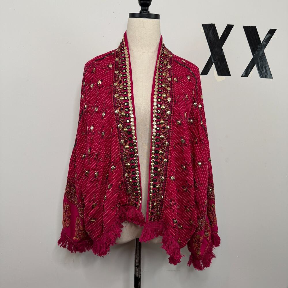 Free People Raspberry Combo Embellished Fringe Open Front Boho Shawl Jacket S